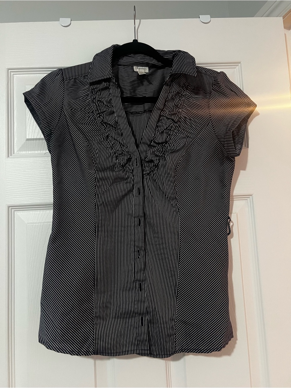 Dynamite Navy & White Striped Ruffle-Trim Button Front Blouse